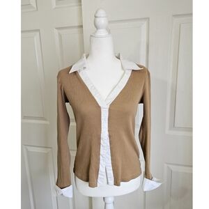 Women's Long Sleeve Collared White and Tan Top MEDIUM